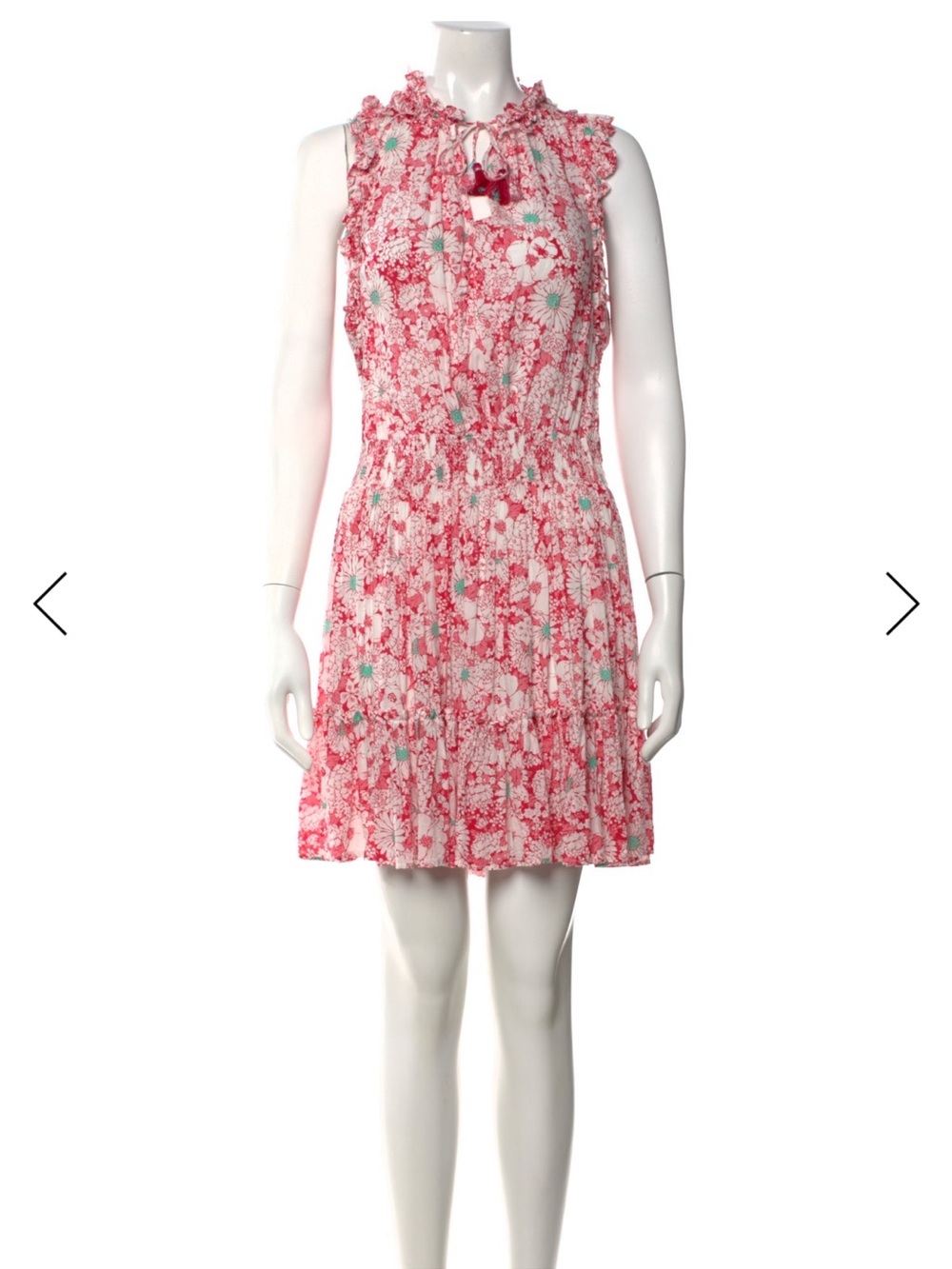 Poupette St. Barth Pink Floral Ruffle V-Neck Mini Dress with Teal Accents size M